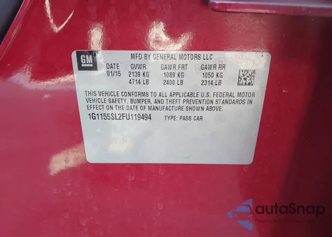 2015 Chevrolet Impala 1Lz из США, поврежденный, VIN 1G1155SL2FU119494